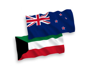 National vector fabric wave flags of New Zealand and Kuwait isolated on white background. 1 to 2 proportion.
