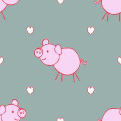 Seamless vector pattern with hand drawn pig on grey background. Simple cartoon animal wallpaper design. Decorative romantic fashion textile.