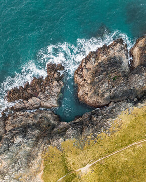 Aerial view of Poly Joke beach, Cornwall, United Kingdom.