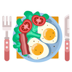 Scrambled eggs with tomatoes, bacon, herbs and spices. Fork and knife are nearby. Vector graphic.