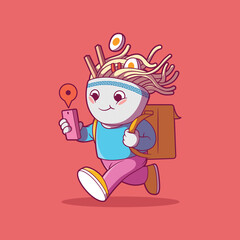 Ramen bowl character delivering food vector illustration. Food, mascot, business design concept.