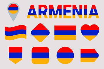 Armenia flag vector collection. Geometric shapes. Flat style. Armenian national symbols set for sports, travel, geographic and patriotic design elements. isolated icons with state name