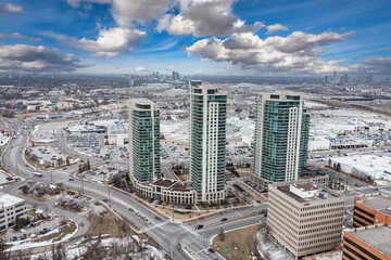 Sherway gardens apartment buildings  clouds with blue sky 427 highway and Queensway highway gardiner express 