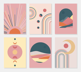 Set of abstract contemporary posters with sun moon and landscape in boho style. Mid century minimalist background for home decoration, wall decor or covers. Vector © merfin