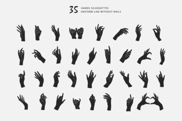 Set of Vector female beauty hands silhouette. Editable outline stroke size. Line flat contour, thin and linear design. Simple icons. Concept illustration.