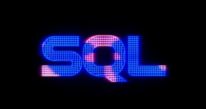 SQL (Structured Query Language) text on black background. 3d render.