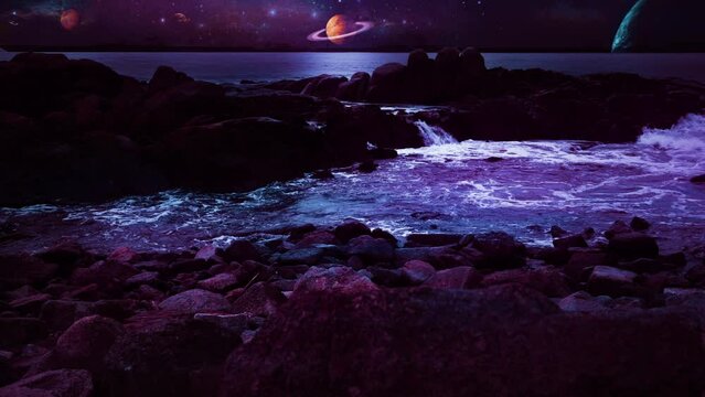 Space Landscape Ocean Water Splashing Rocks Under Planets In Sky. Surreal landscape of the ocean waves crashing on rocks under planets in deep space. Multicolored dimension