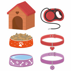 A set of accessories for dogs and cats, a booth, bowls with food, a leash and collars with a medallion