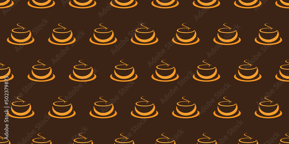 Poster seamless orange coffee cup or soup bowl icons pattern on wide scale brown background - design templa
