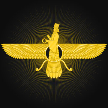 Vector design of Symbol of Zoroastrianism in gold color, Faravahar symbol in gold color