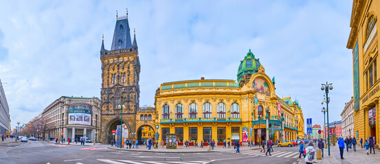 Architecture of Republic Square with Powder Tower and Municipal House, Prague, Czech Republic - obrazy, fototapety, plakaty