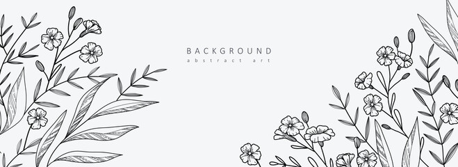 Luxury botanical background with trendy wildflowers and minimalist flowers for wall decoration or wedding. Hand drawn line herb, elegant leaves for invitation save the date card. Botanical - obrazy, fototapety, plakaty