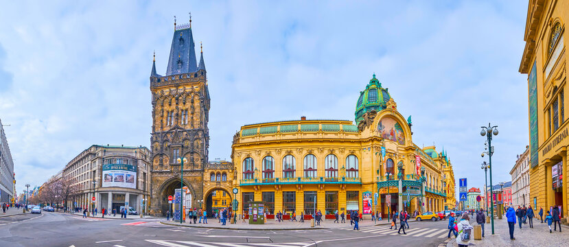 Architecture of Republic Square with Powder Tower and Municipal House, Prague, Czech Republic