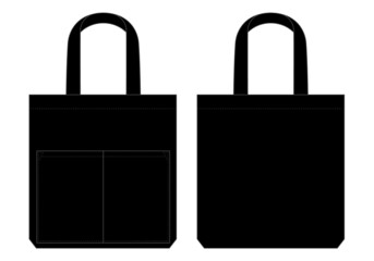 Black tote bag with double pocket template on white background.Front and back view, vector file