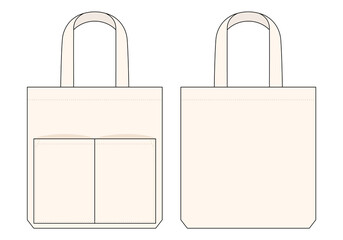 Calico tote bag with double pocket template on white background.Front and back view, vector file