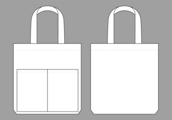 White tote bag with double pocket template on gray background.Front and back view, vector file
