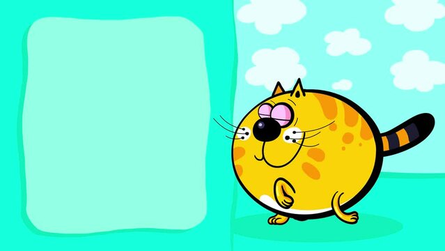 Cartoon character cat yellow red ginger with outline animal walking loop animation for titles. Cute intro frame included, seamless loop. 