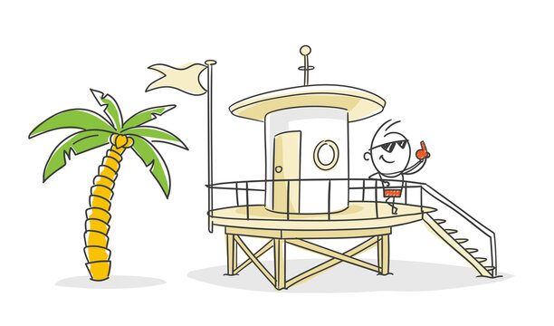 Strichfiguren / Strichm&auml;nnchen: Bademeister, Rettungsschwimmer, Baywatch, Strandhaus, Aussichtsturm. (Nr. 816)