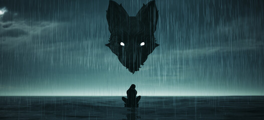 Woman Black Silhouette Sitting Alone in the Rain Abstract Black Dog Depression Mental Health Dark Blue Cloudy Sky 3d illustration render