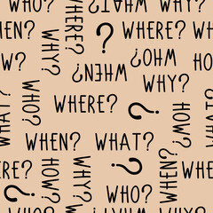 Seamless pattern with questions WHO? WHY? WHAT? WHERE? HOW?