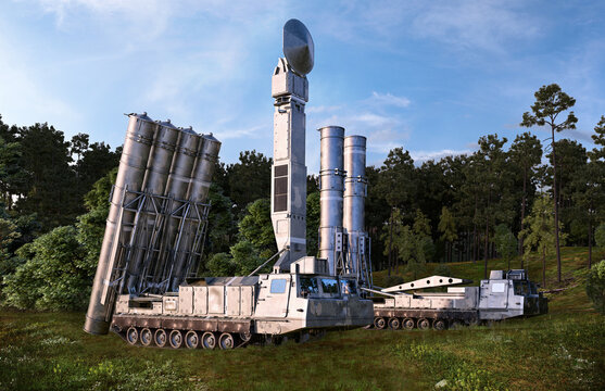 Air defense missile system in the forest. Russian anti-aircraft system for destroying aerodynamic targets, ballistic missiles. Russia Ukraine war crisis, military conflict, NATO aid for Ukraine. 3D