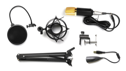 Set of condenser microphones isolated on white background.