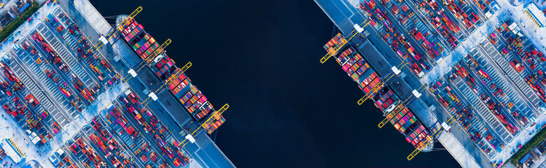 Aerial top view of Container ship loading and unloading, Cargo container in deep seaport for the...