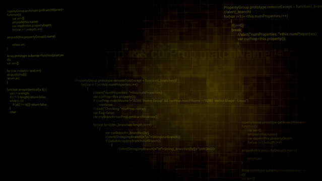 Moving inside the digital computer cyberspace. Motion. Programming data code text and futuristic HUD elements appear on a dark background.