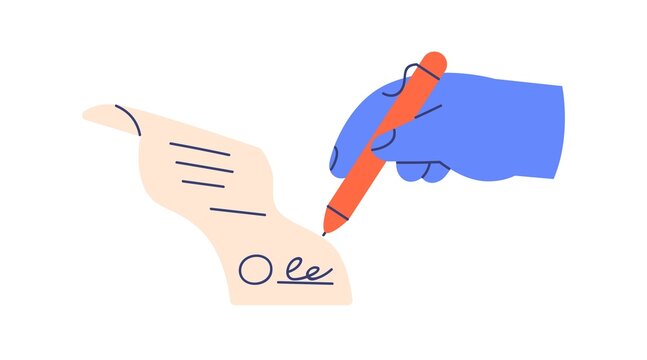 Hand holding pen, signing business document, putting signature on paper contract. Arm undersigning abstract legal agreement, concluding deal. Flat vector illustration isolated on white background