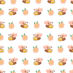 Obraz premium Cute bee and flower seamless pattern. Vector Illustration for printing, backgrounds, covers, packaging, greeting cards, posters, stickers, textile and seasonal design. Isolated on white background.