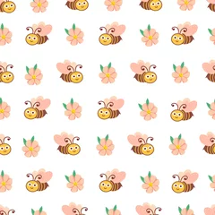 Fotobehang Cute bee and flower seamless pattern. Vector Illustration for printing, backgrounds, covers, packaging, greeting cards, posters, stickers, textile and seasonal design. Isolated on white background. © Анна Кулик