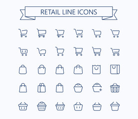 Shopping cart, shopping bag and grocery basket vector outline mini line icons set. 24x24 px. Pixel Perfect. Editable stroke. - 502382063