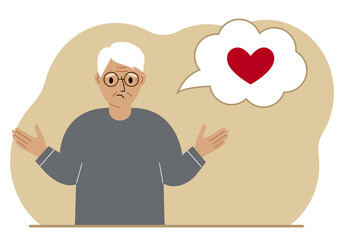 Sad grandfather thinks about love. In the balloon of thought is a red heart. Vector