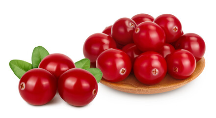 Cranberry in wooden bowl isolated on white background with clipping path and full depth of field