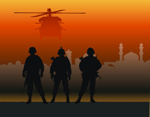 Fototapeta na wymiar Three Soldiers Military Silhouettes Figures