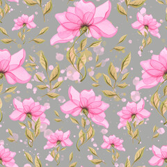 Fototapeta na wymiar Watercolor illustration of a simple pink flower with leaves. A delicate, seamless pattern on a gray background. For design, fabrics, textiles, clothing, prints, wallpaper, scrap paper.