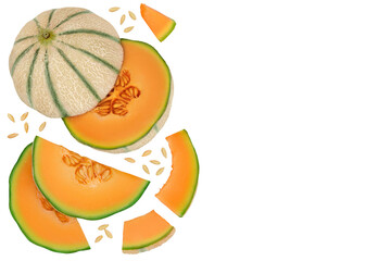 Cantaloupe melon isolated on white background with clipping path and full depth of field. Top view with copy space for your text. Flat lay