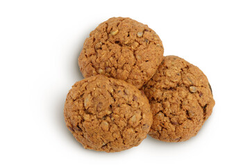 oatmeal cookies with flax, pumpkin and sunflower seeds isolated on white background with clipping path and full depth of field. Top view. Flat lay