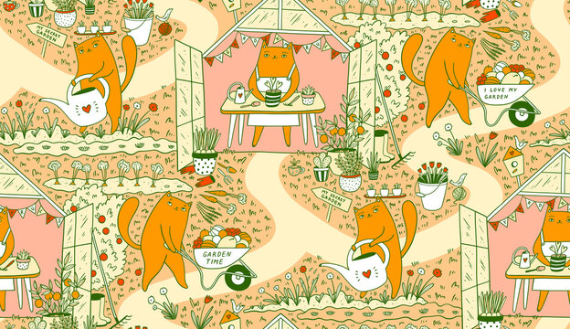 Seamless pattern with cute red cats in the garden. Funny cartoon background. 