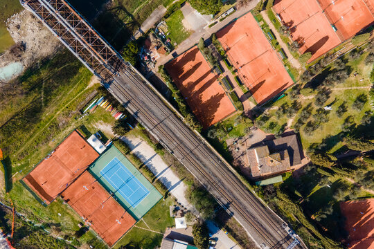 Aerial view of a sport place along the railway in Fiesole, Florence, Tuscany, Italy.
