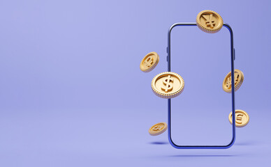 Golden coins include dollar Yen yuan Euro Ruble Won and pound sterling with mobile phone frame for currency exchange and forex trading concept by 3d render illustration. - Powered by Adobe