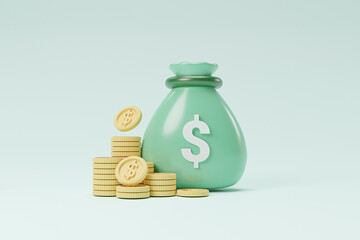 Isolate of green dollar money bag with golden coin stacking for financial saving  , dividend and...
