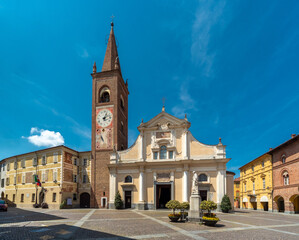 Bene Vagienna, Cuneo, Italy - May 02, 2022: Parish church of Maria Vergine Assunta with bell tower...
