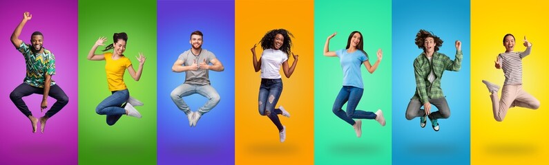 Collection of full length photos of joyful millennials jumping up