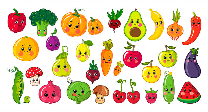  Set of fruits and vegetables set vector illustration isolated on a white background. Painted cute cartoon characters. 