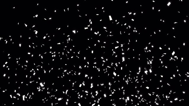 White colored shiny confetti particles explosion. Glittering confetti particles falling from above, 3d render animation. 4K, Alpha channel included.