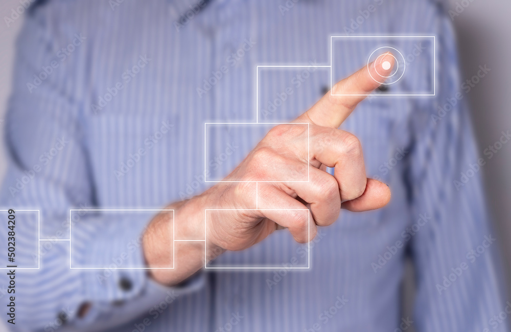 Aufkleber Businessman hand drawing digital scheme or mindmap. Screen showing algorithm with virtual blocks. Working process concept. High quality photo