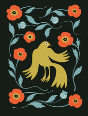 Greeting card with  bird and flowers on a black background