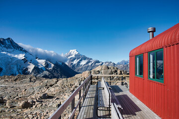 View from Mueller Hut's terrace looking towards Mt. Cook, New Zealand, in the background, creating...