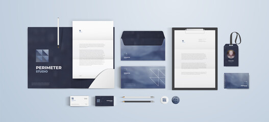 Branding template for IT or architect company. Corporate style set with minimal square logo and blue stone background. Vector stationery mockup design.